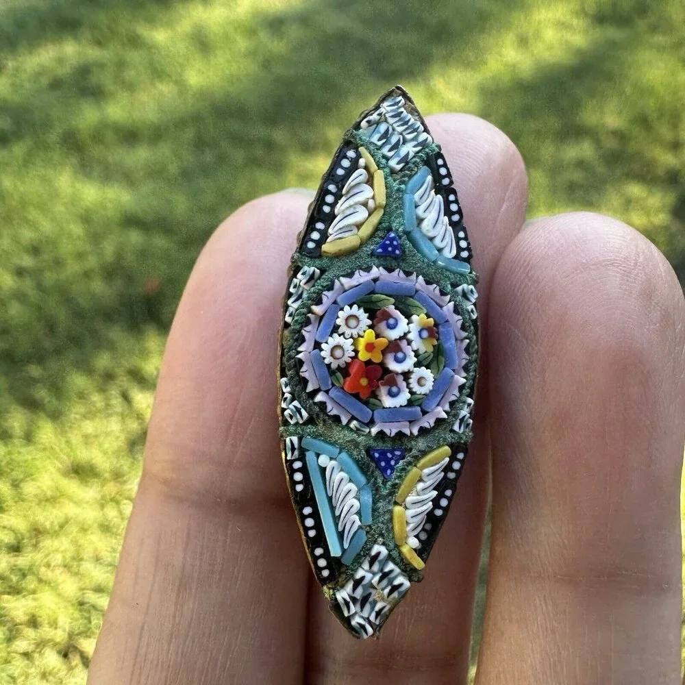 Vintage Brooch Pin 1.625 Inch Multicolor Italian Micro Mosaic Glass Flowers Oval